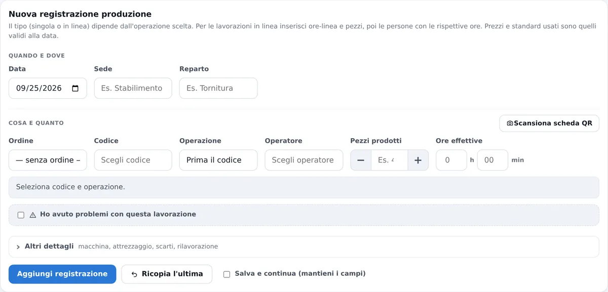 La schermata di registrazione della produzione: codice, operazione, operatore, pezzi e ore
