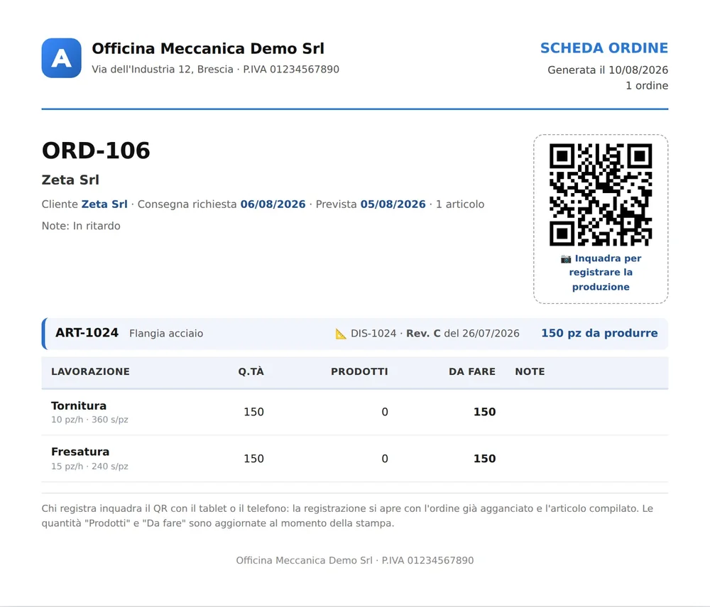 La scheda di commessa con il QR e le quantità divise per lavorazione